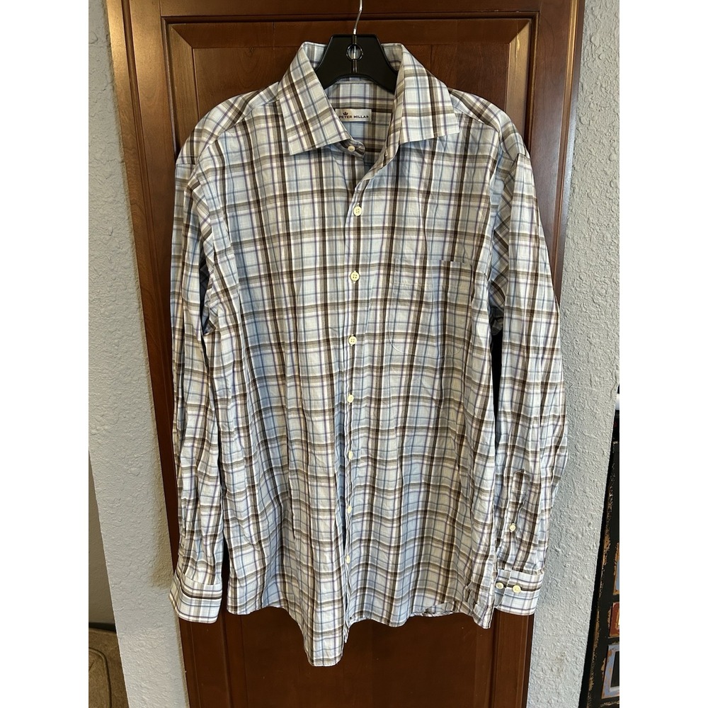 Peter Millar Shirt Mens Large Blue Plaid Check Button Up 100% Cotton Lightweight